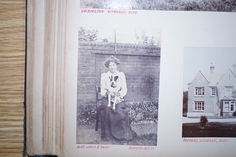 A late Victorian photograph album; 1890's onwards, assorted portraits, topography including Sussex, Hove Bowling Club, opening meeting 1905 and various railway related images. Condition - spine torn album damaged, photos